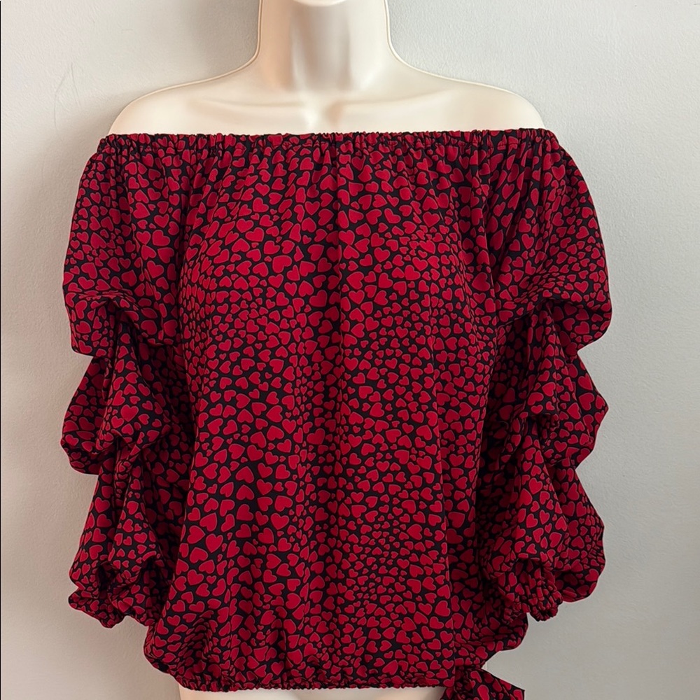 CeCe Chic Red Heart-Print Ruffle Sleeve Blouse with Tie Waist Size Small